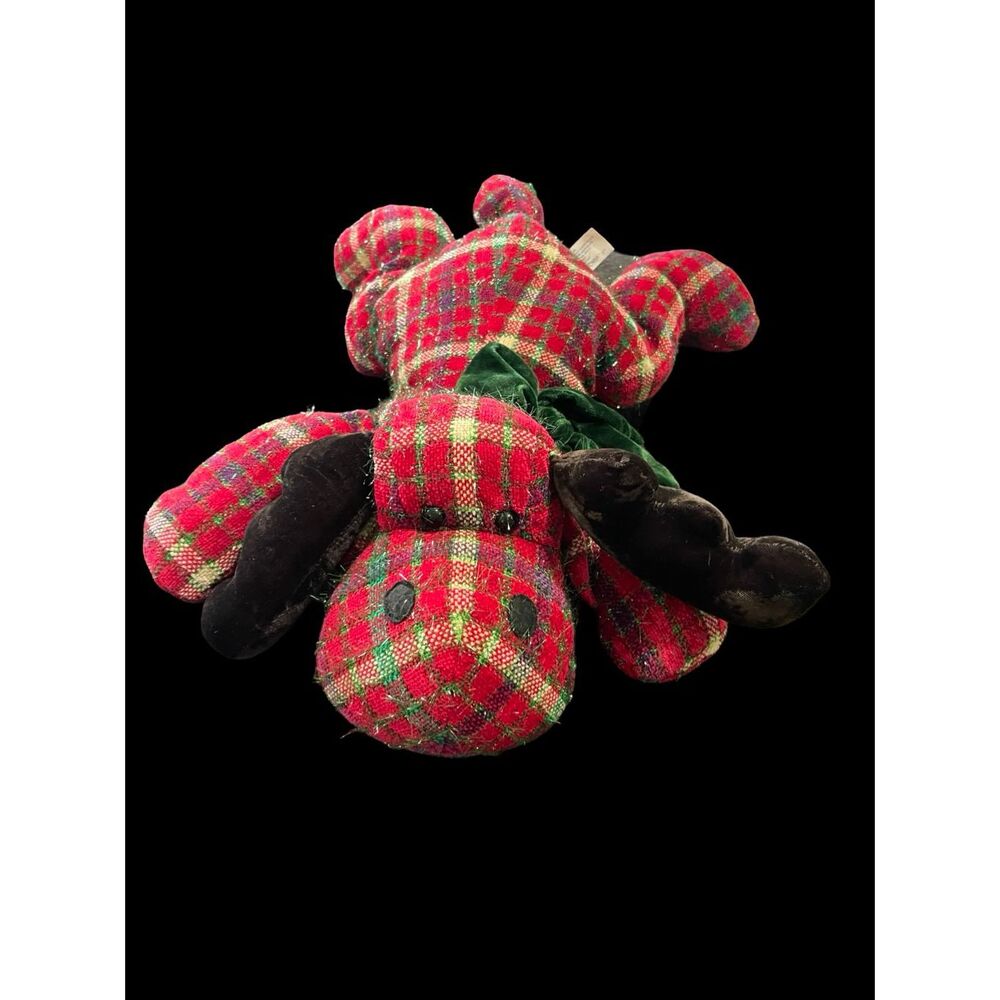 Main Joy Red Green Plaid Velvet Christmas Plaid Moose Plush Stuffed Animal 18"